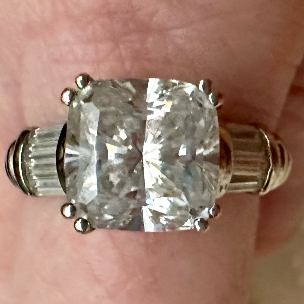 Sterling Silver CZ With Baguettes Engagement Ring Size 10